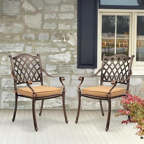 Miniatura 2 de VINGLI Juego de 2 sillas de patio apilables de aluminio fundido para exteriores con acabado de bronce vintage y patrón de diamante, sillones de