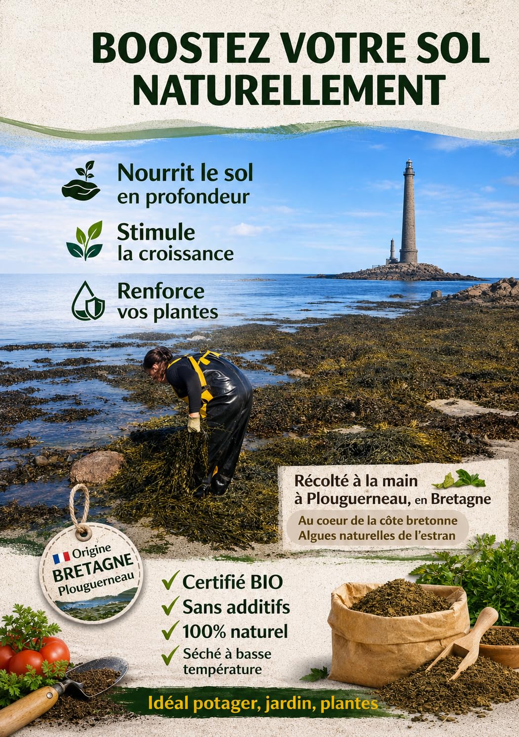 Ascophyllum nodosum bio – Algue marine broyée (Kelp) – Amendement naturel potager, jardin, cultures intensives – Fertilisant organique – Sac 5 kg