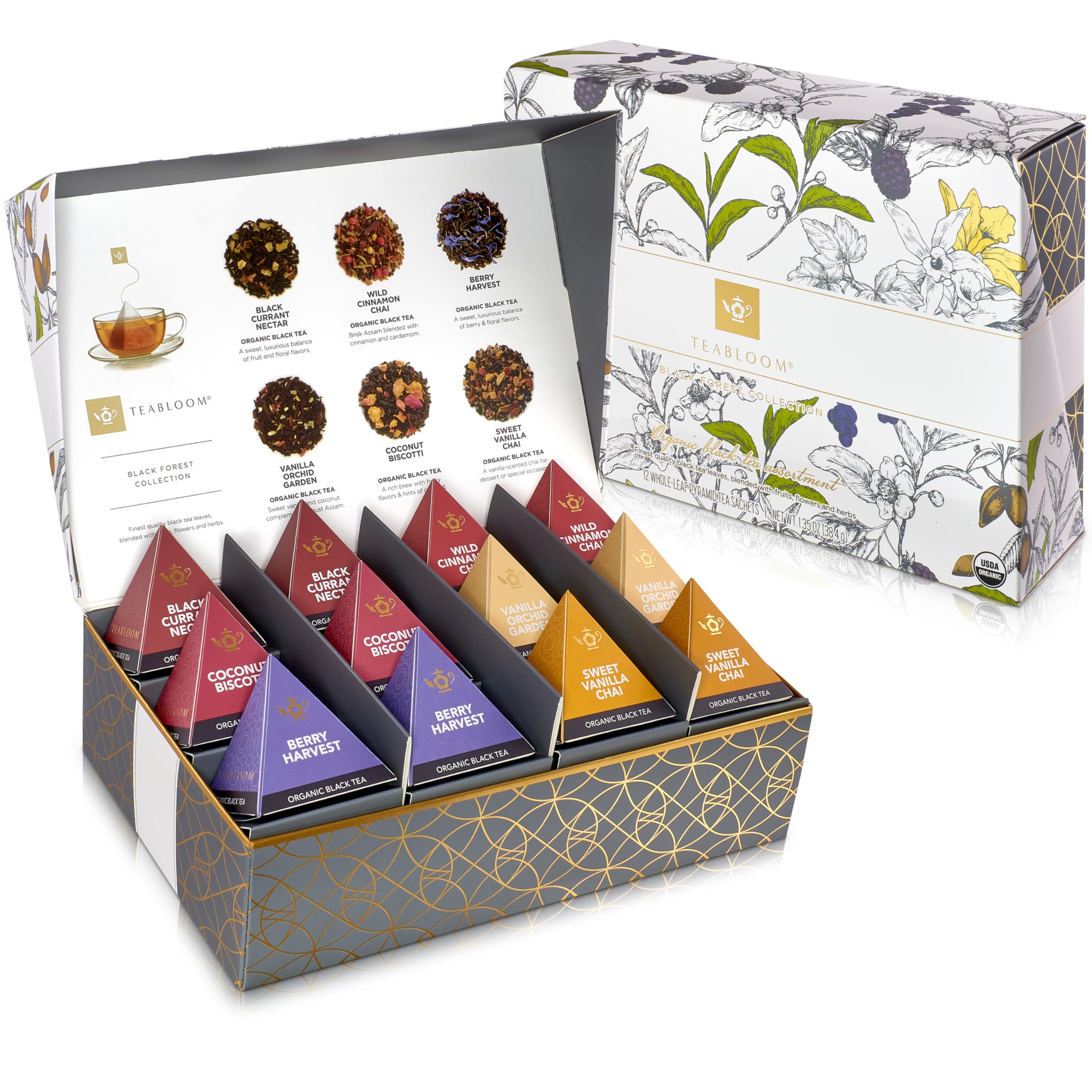 Teabloom Organic Black Forest Pyramid Tea Presentation Box, 12 Assorted Black Tea Blends, USDA Certified Organic Whole-Leaf Pyramid Tea Sachets