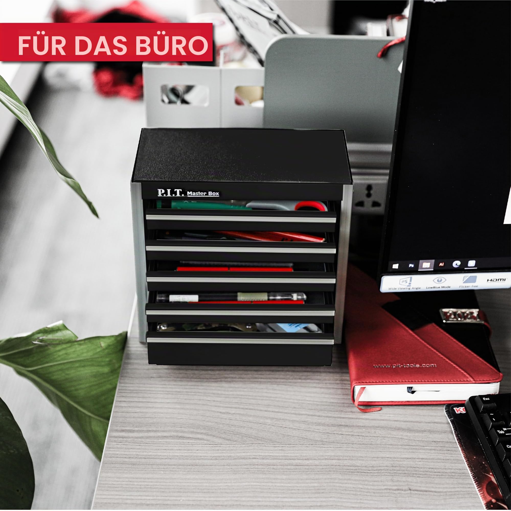 P.I.T. Werkzeugkiste Metall mit 5 Schubladen, Werkzeugkoffer leer,Schwarz