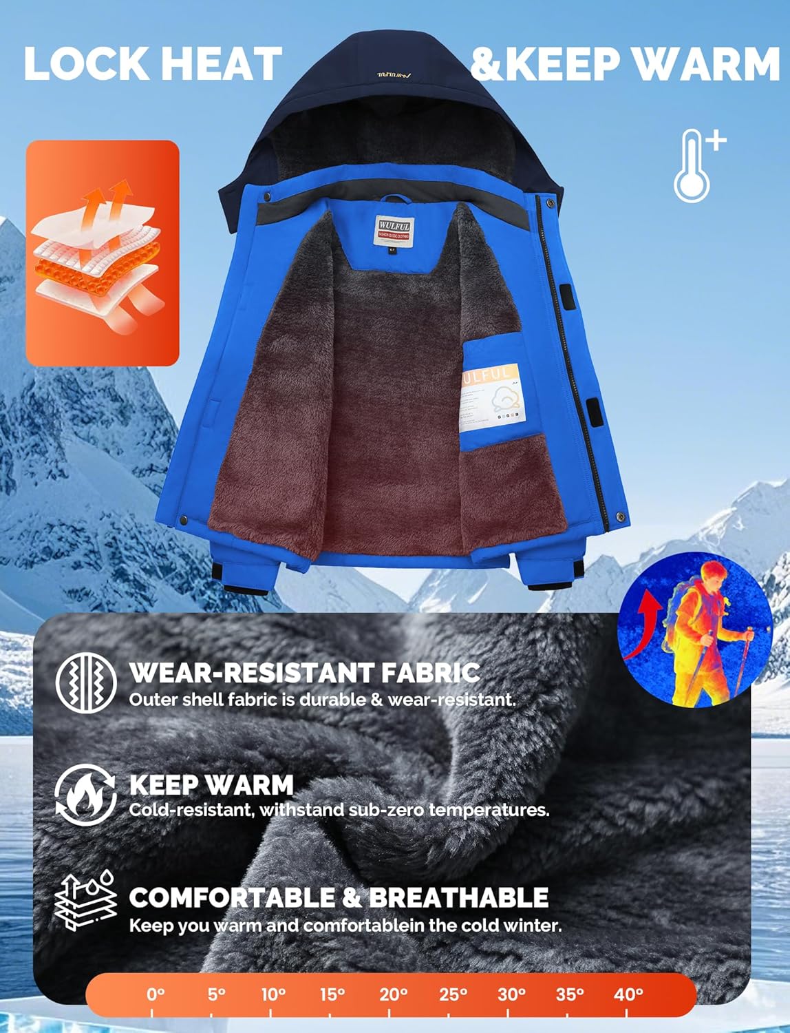 WULFUL Boy's Waterproof Ski Jackets Warm Fleece Lined Hooded Winter Snow Coat - Image 6