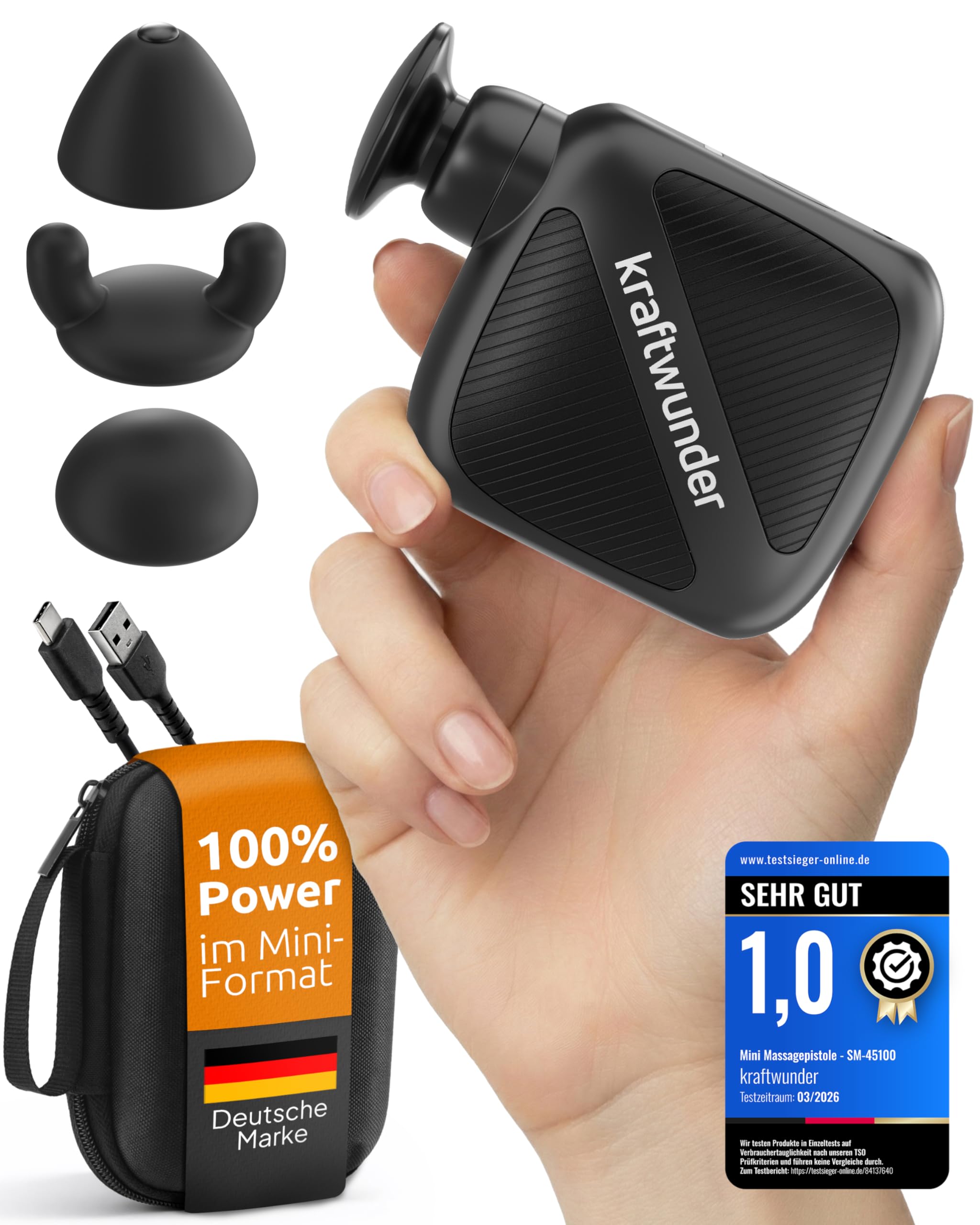 Mini Massagepistole - Kompakt & flüsterleise für Nacken, Rücken & Triggerpunkte - Effektive Tiefenwirkung mit 6 mm Hub, 4 Stufen, 230 g leicht, USB-C, inkl. Case & Silikonköpfe (Schwarz)