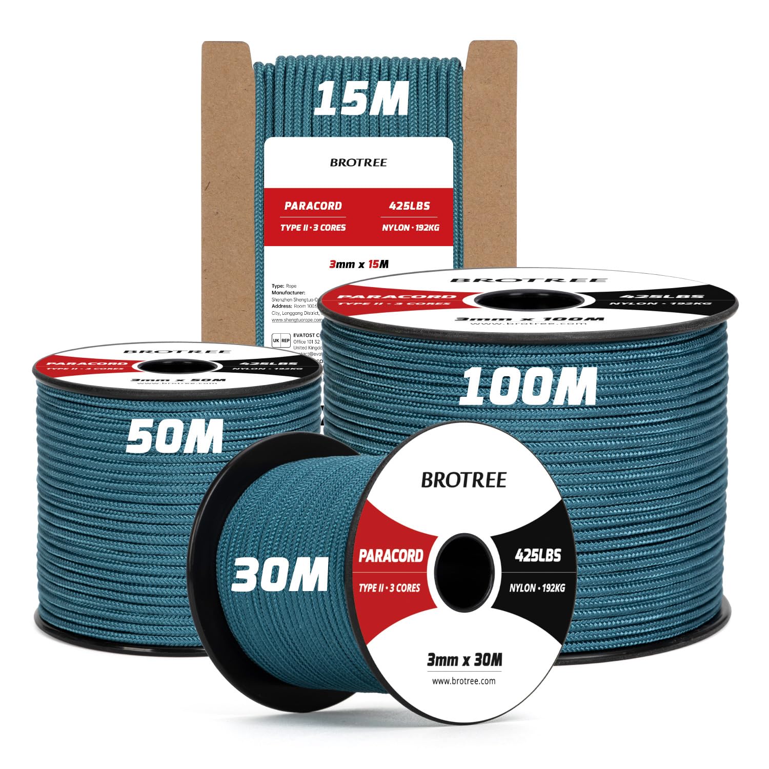 Brotree 3mm Paracord 425 100% Nylon 100M Rope 3 Strands Type II Parachute Cord for Outdoor, Craft, DIY - 192kg Breaking Load (Teal)
