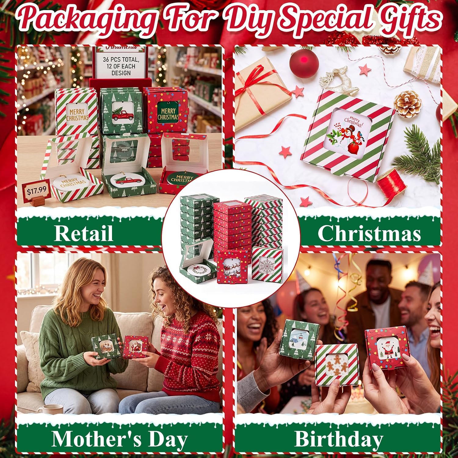 36 Pcs Christmas Sublimation Blanks Ornaments Box Bulk, 3.6"x3.6"x0.7" | Christmas Ornament Ceramic Holder, Packaging Box with Window for Personalized Xmas Tree Crafts Decorations