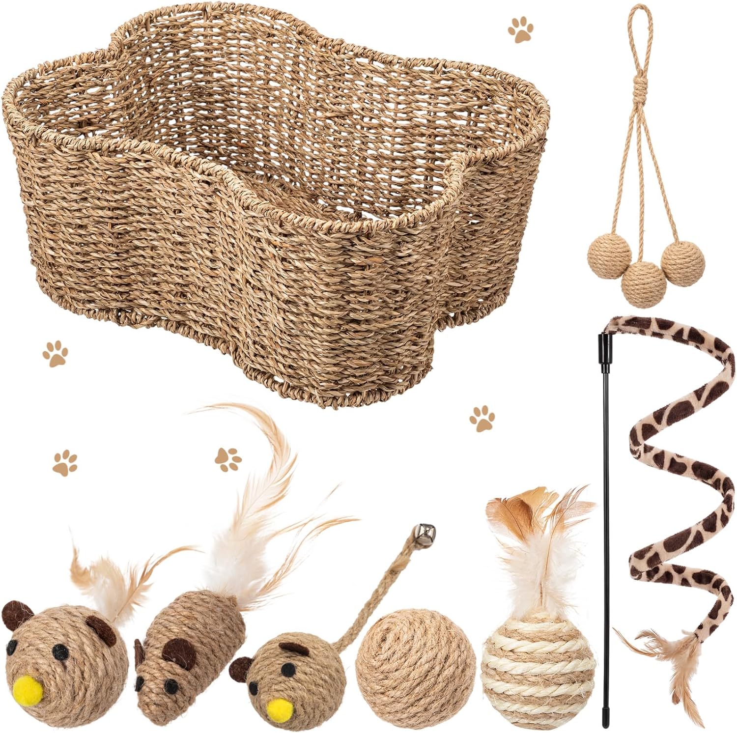 Leitee 16 x 12.8 Inch Bone Shaped Seagrass Wicker Basket with 8 Pcs Cat Toy, Cat Storage Basket Gift Set with Sisal Ball Mice Feather Stick, Interactive Toys for Indoor Cats and Kittens