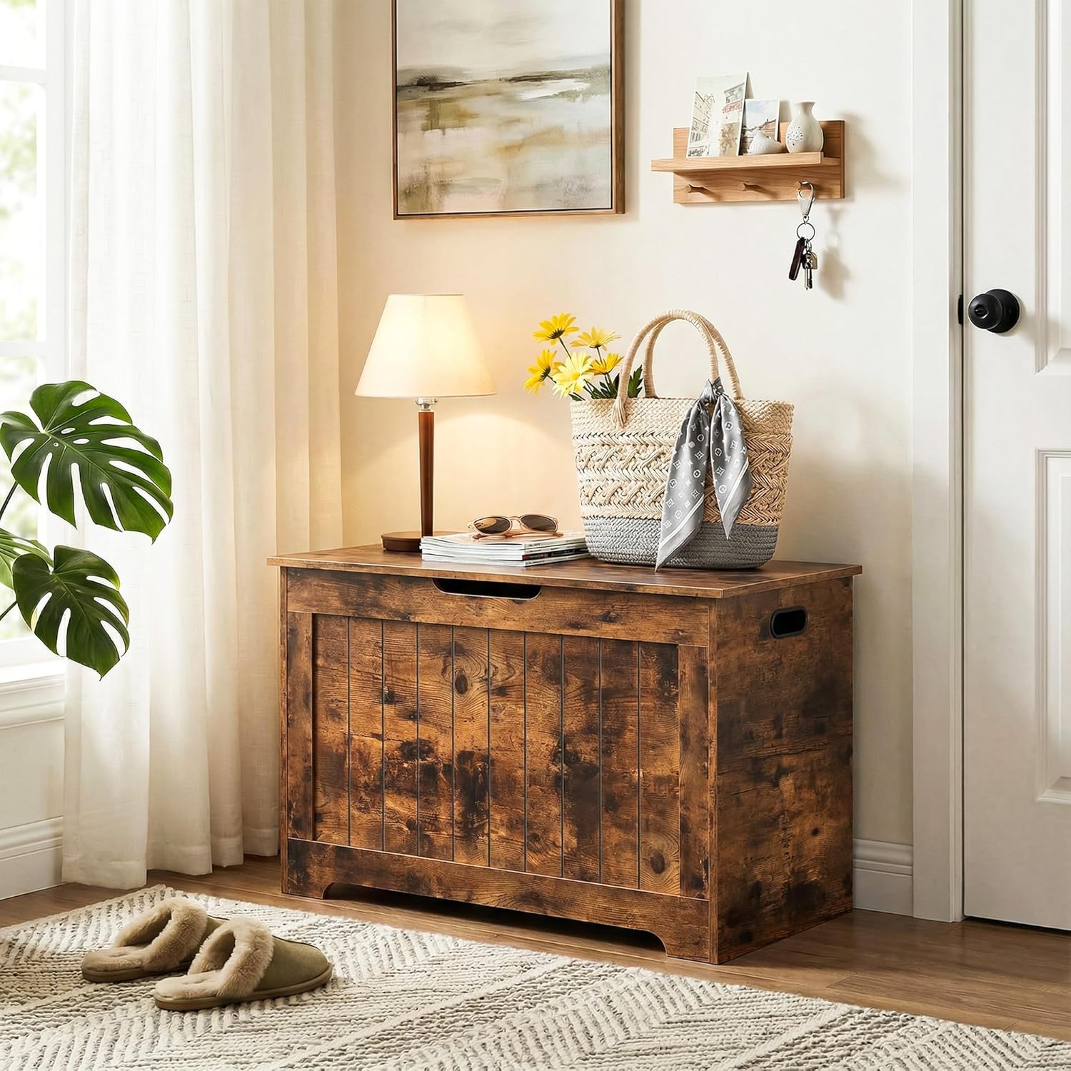 Storage Chest, Wooden Storage Bench with Flip-top Lid & Safety Hinge, Storing Trunk for Entryway, Living Room, Bedroom, Rustic Brown