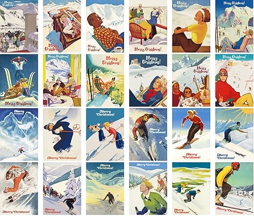 Miniatura 2 de Calcomanías grandes, 24 piezas (2.5 x 3.5 pulgadas cada una) Familias felices de esquí sobre las vacaciones de Navidad, postales de Navidad vintage,