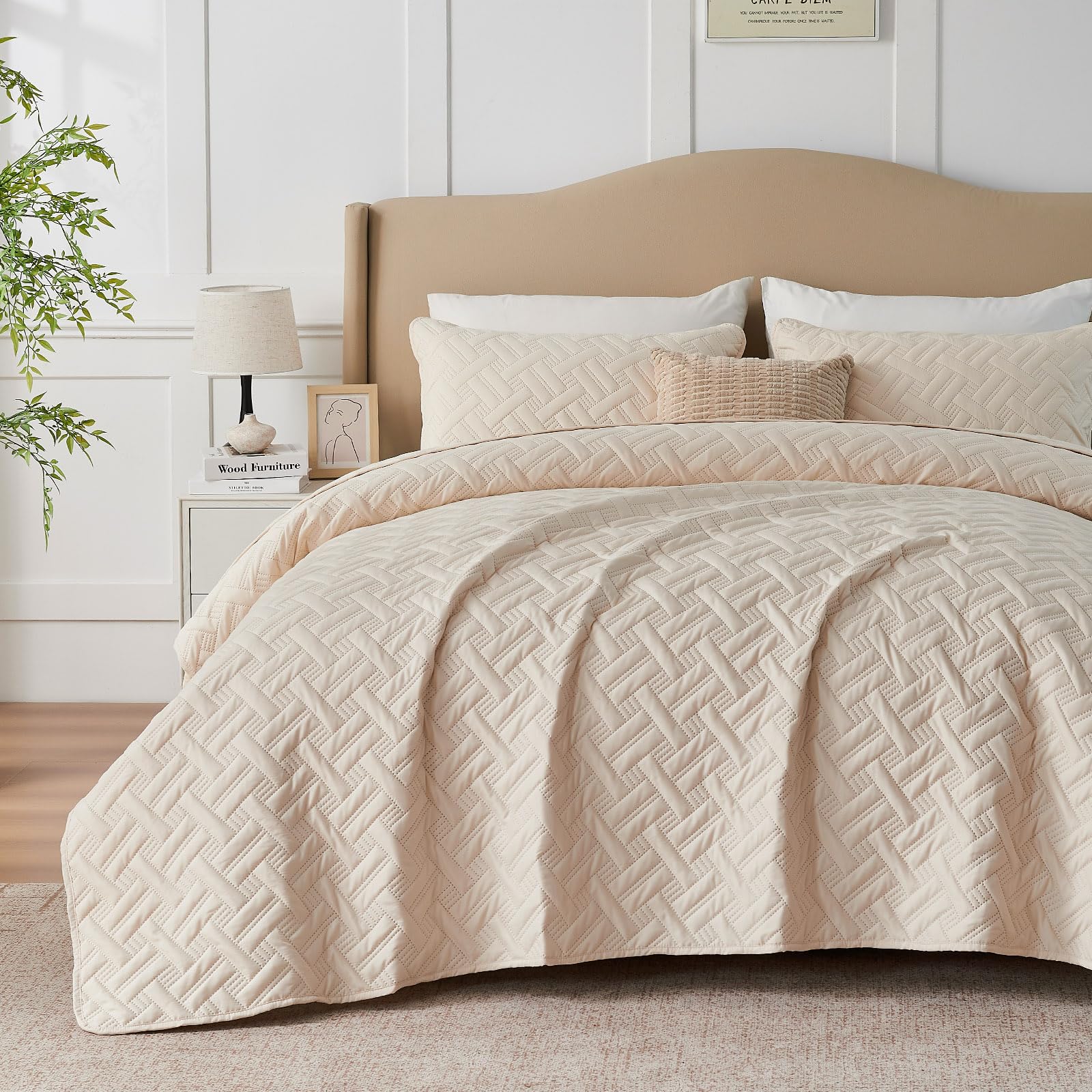 beeweed Quilt Set Double Size 3 Pieces, Lightweight Microfiber Basket Pattern Bedspreads for All Season, Beige Soft Summer Coverlet Set with 2 Pillow Shams (Double 220x240 CM)