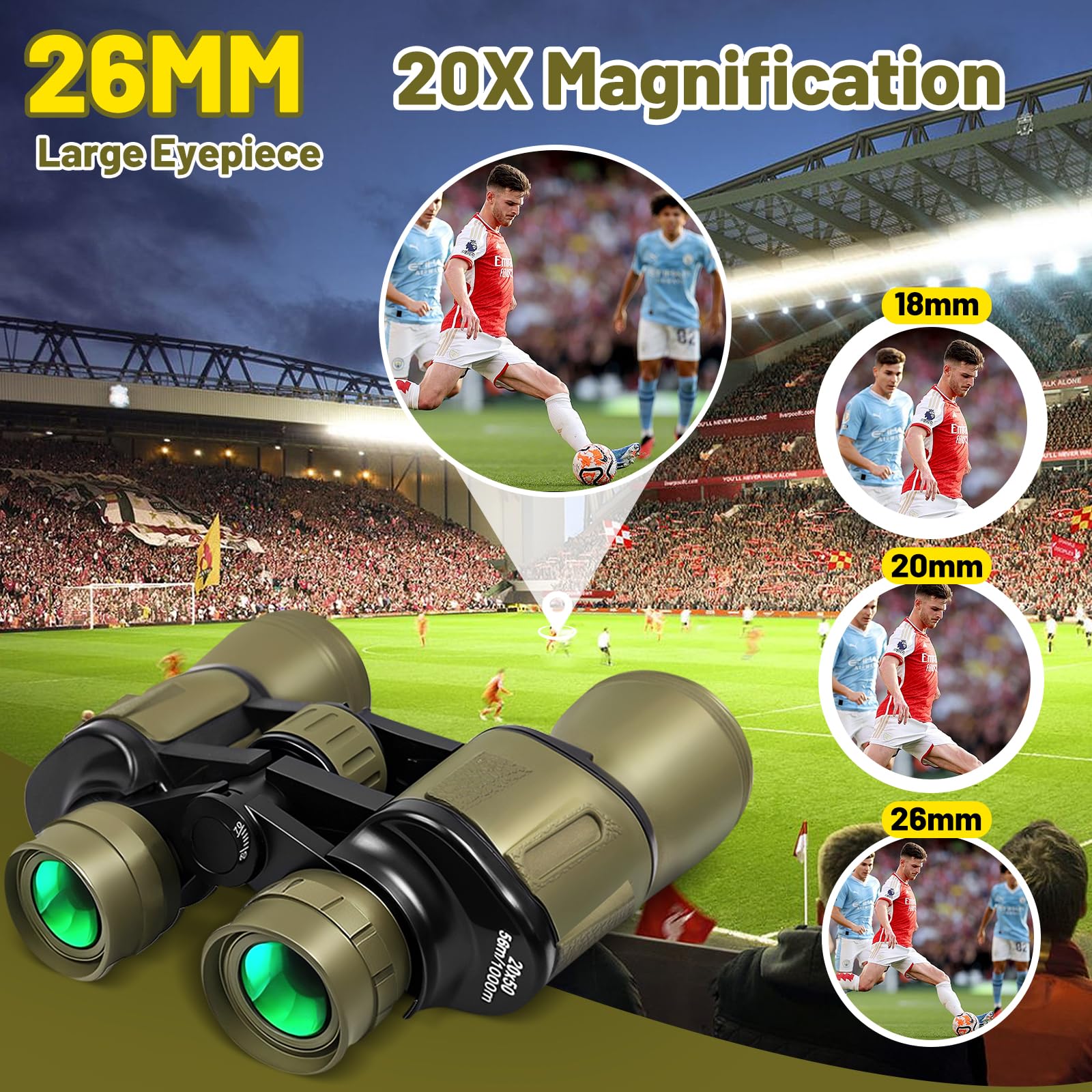 Jumelles 20 x 50 pour Adultes, Jumelles HD avec Vision Nocturne, Jumelles compactes avec objectifs FMC, étanches Tactiques pour Chasse, randonnée, Voyage de Concert avec Prisme BAK4 avec Adaptateur - 3