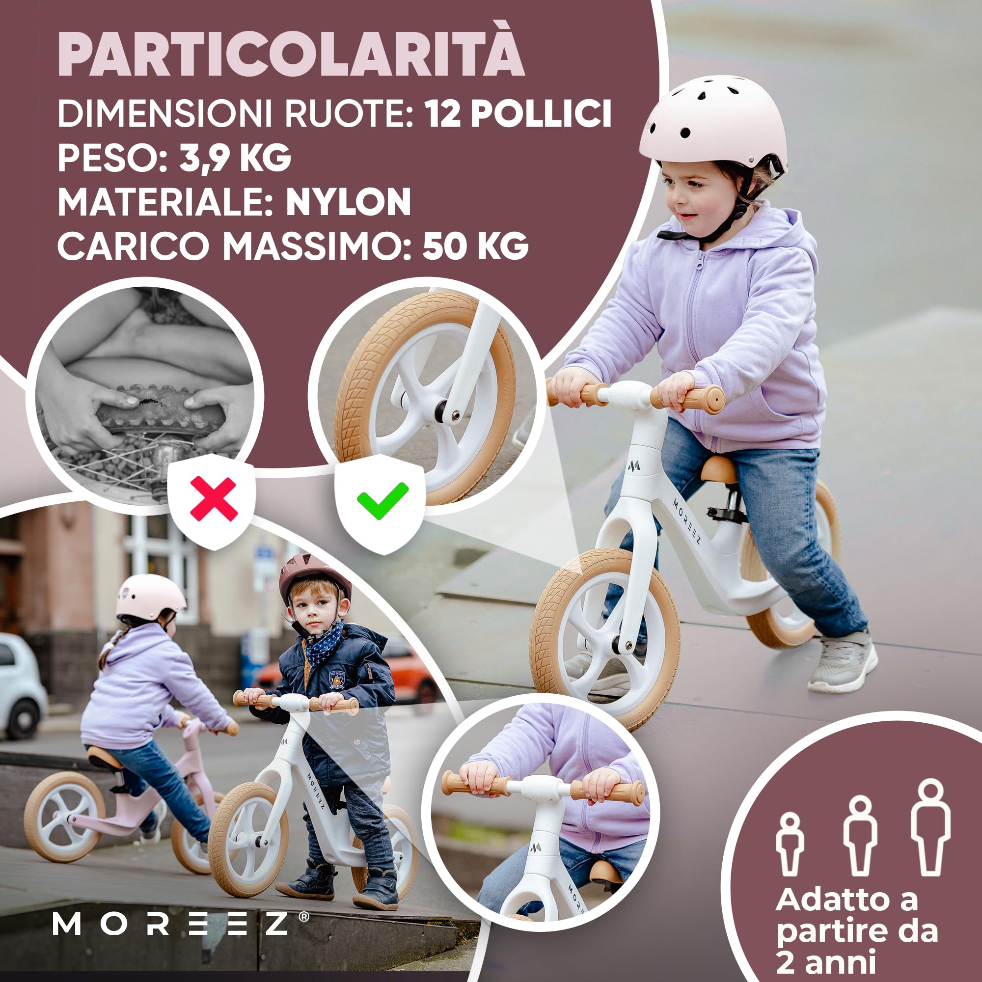 MOREEZ Bicicletta da 2 anni [2-5 anni] ultraleggera per bambini con protezione anticaduta, seduta ergonomica, ruote da 50 kg, poggiapiedi antiscivolo, altezza regolabile