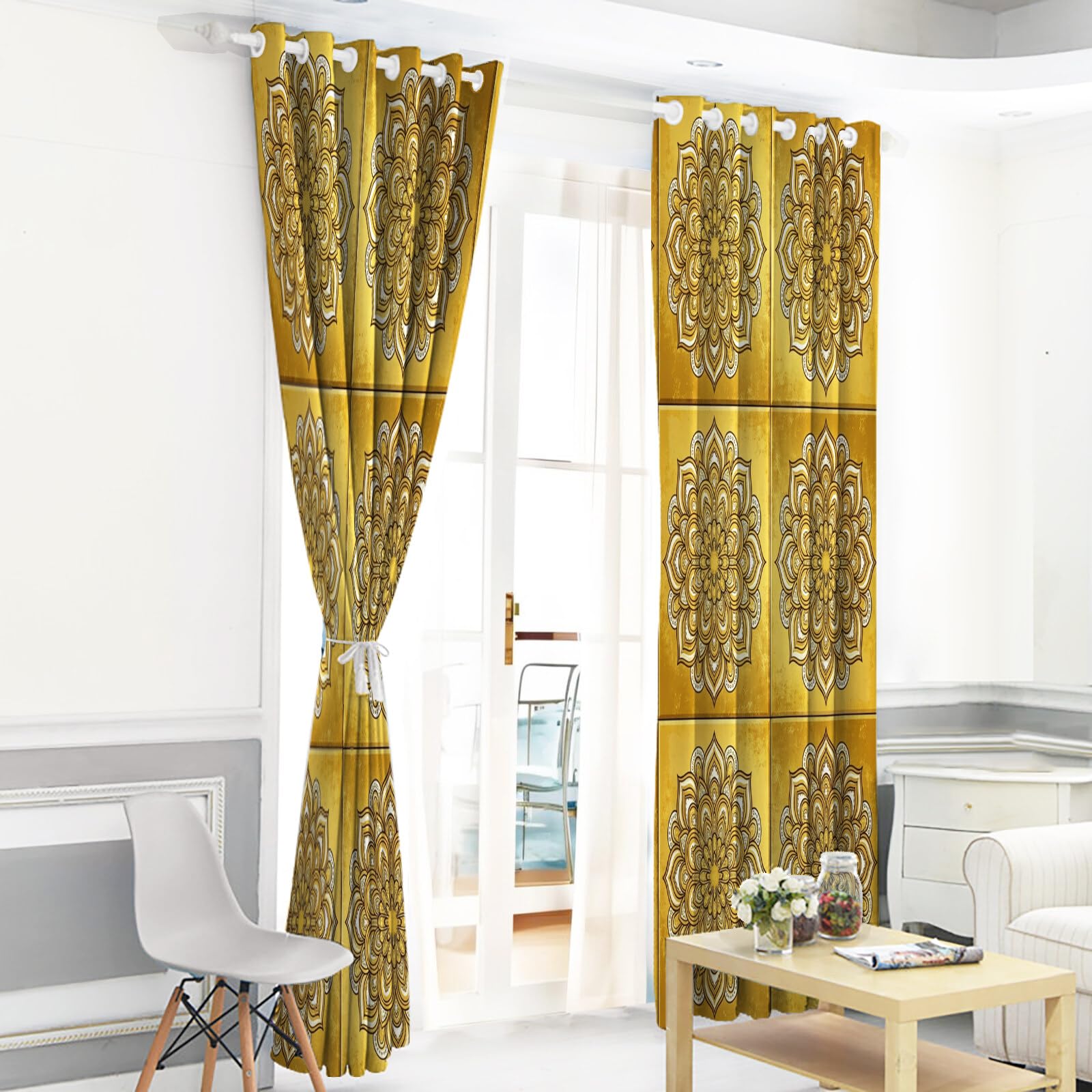 Rideau Occultant Obscurcissant, Mandala Rectangle Géométrie De Luxe 2 Panneaux À Oeillets, Anti Froid Chaleur Bruit, Décoration Salon Chambre