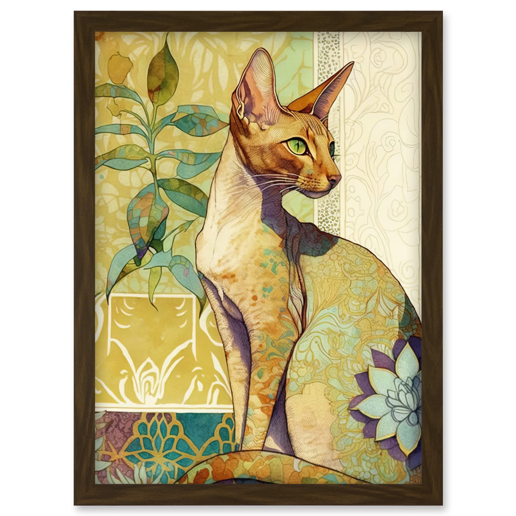 A4 Framed Wall Art Print - Shorthair Cat - Art Nouveau Botanical Patterns - Watercolour Illustration - Artery8