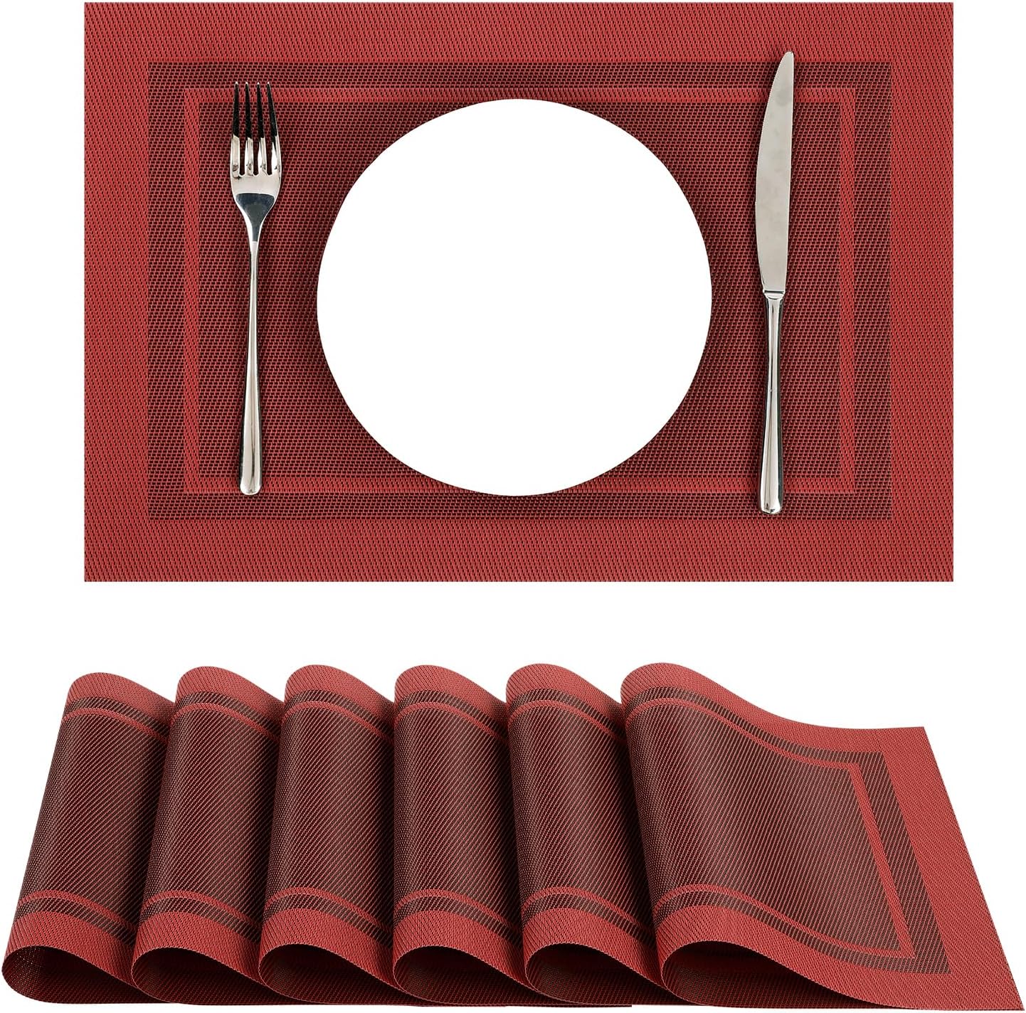 SHACOS Woven Vinyl Placemats Set of 6 Wipe Clean Place Mats for Dining Table Heat Resistant PVC Weave Table Mats Indoor Outdoor (6, Frame Red)