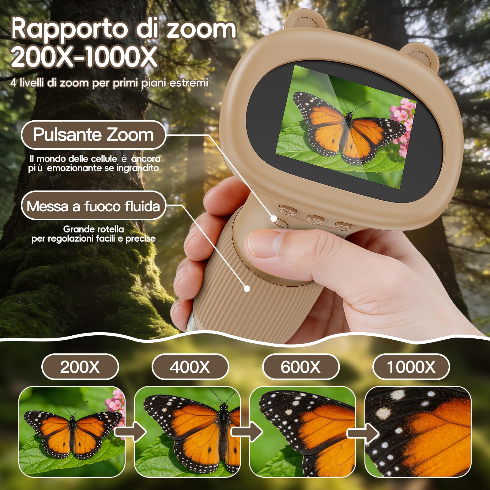 Microscopio Bambini Portable Zoom 1000X - Microscopio Digitale Mini Ricaricabile, Microscopi con Definizione 8 Luci LED Regolabili, Bambini Giocattolo Educativo, Regalo di Natale(Marrone)