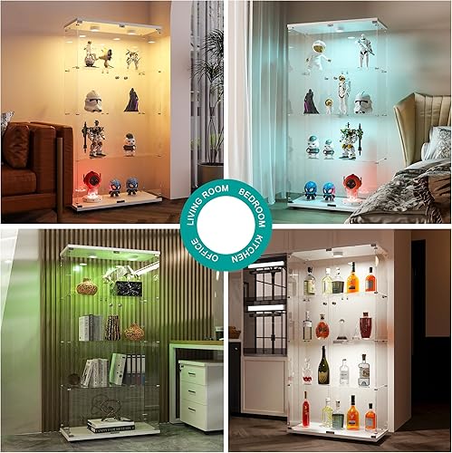 Miniatura 23 de FANYUSHOW Vitrina de cristal templado con 4 estantes con cerradura de seguridad, estante de exhibición de 0.197 in para sala de Blanco,Negro