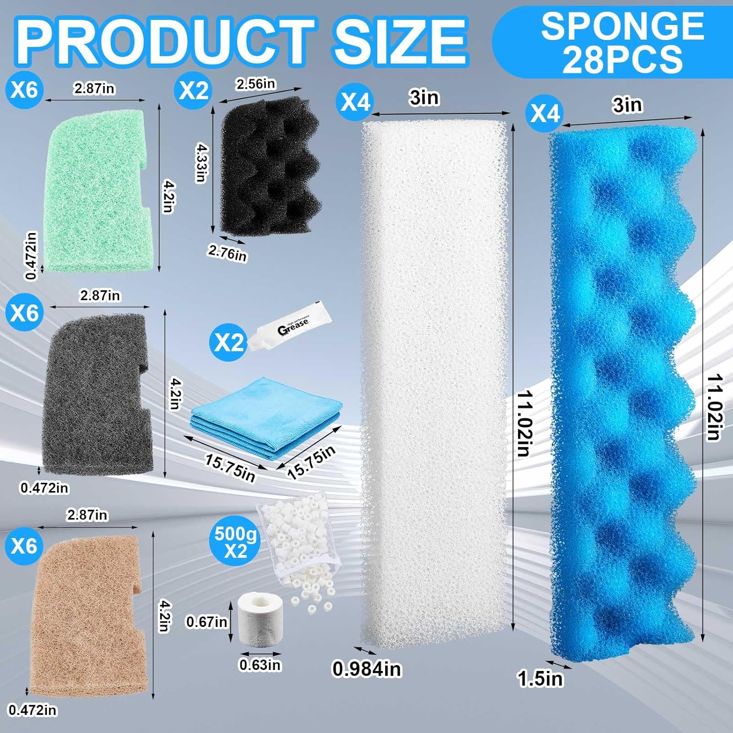 32 Pcs Filter Media Compatible with 406/407 Filters, Aquarium Replacement Maintenance Kit Including Biological Sponge, Ammonia/Phosphate/Nitrite Remover Pad, Aquarium Towel, Grease