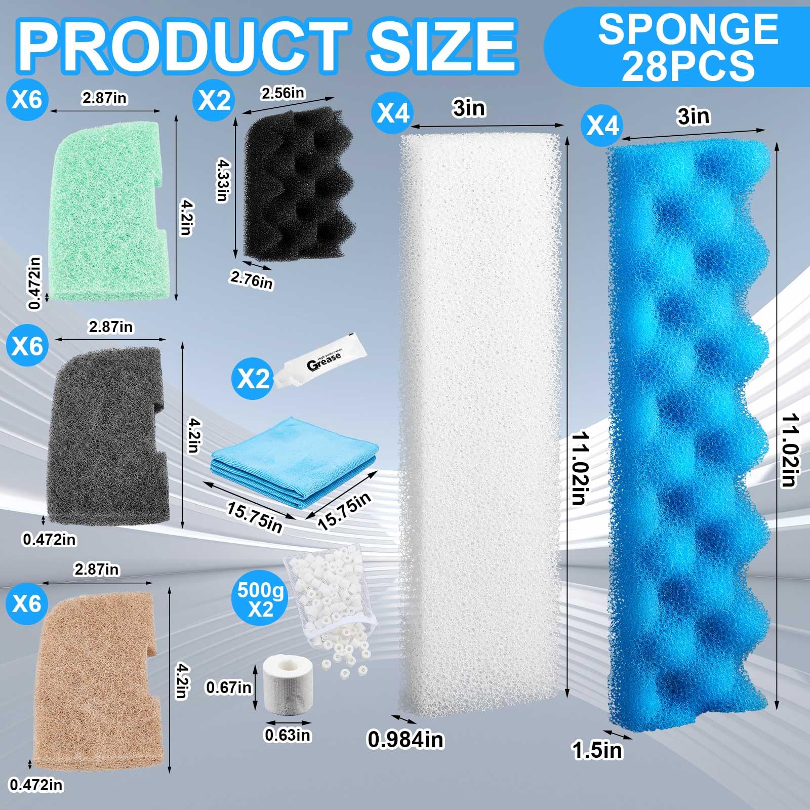 Threlaco Lot de 32 médias filtrants compatibles avec les filtres 406/407, kit d'entretien de rechange pour aquarium, éponge biologique, tampon dissolvant d'ammoniac/phosphate/nitrite, serviette