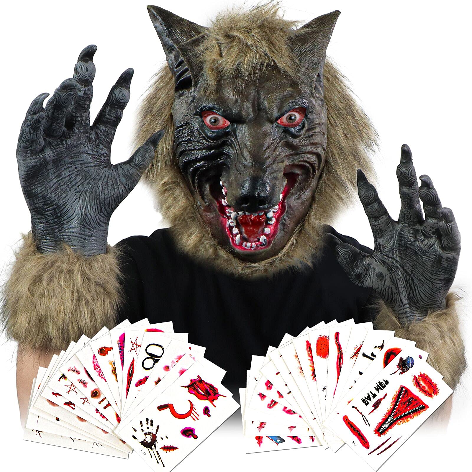 Toffos Wolf Mask Costume for Adults and Kids, Halloween Werewolf Mask and Gloves Costume Scary Mask Party Cosplay with Realistic Scar Stickers, Werewolf and Claws