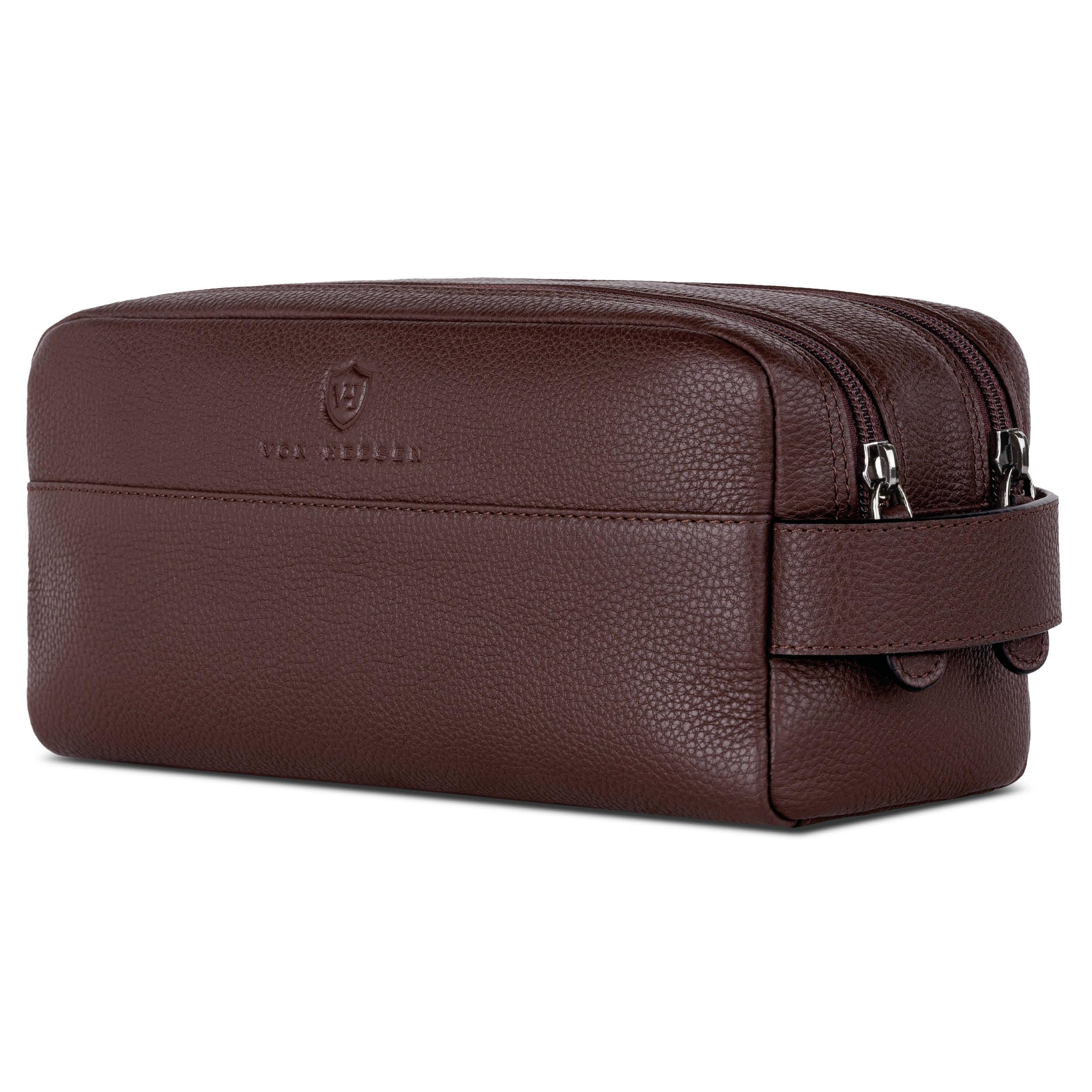 VON HEESEN Kulturbeutel Leder Kulturtasche für Herren & Damen - Echtleder Necessaire ideal zum Reisen - Waschtasche und Kosmetiktasche mit Zwei Hauptfächern braun, groß