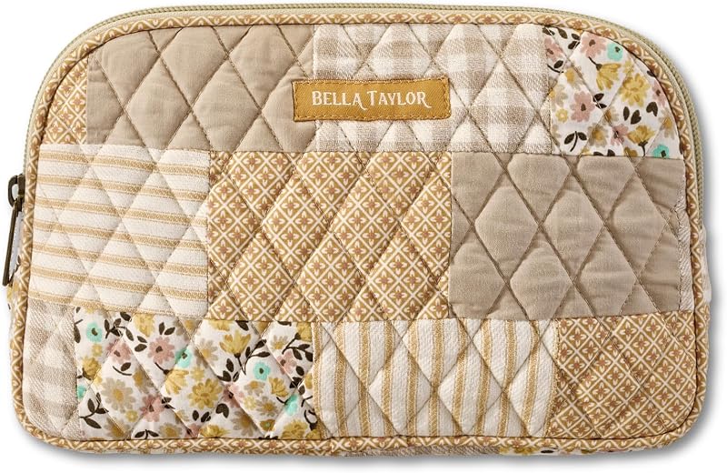 Cosmetic Pouch, Quilted Makeup Bag, Prairie Meadow Patch | Lightweight, easy-to-clean PEVA lining, interior slip pocket, secure zip top, durable construction