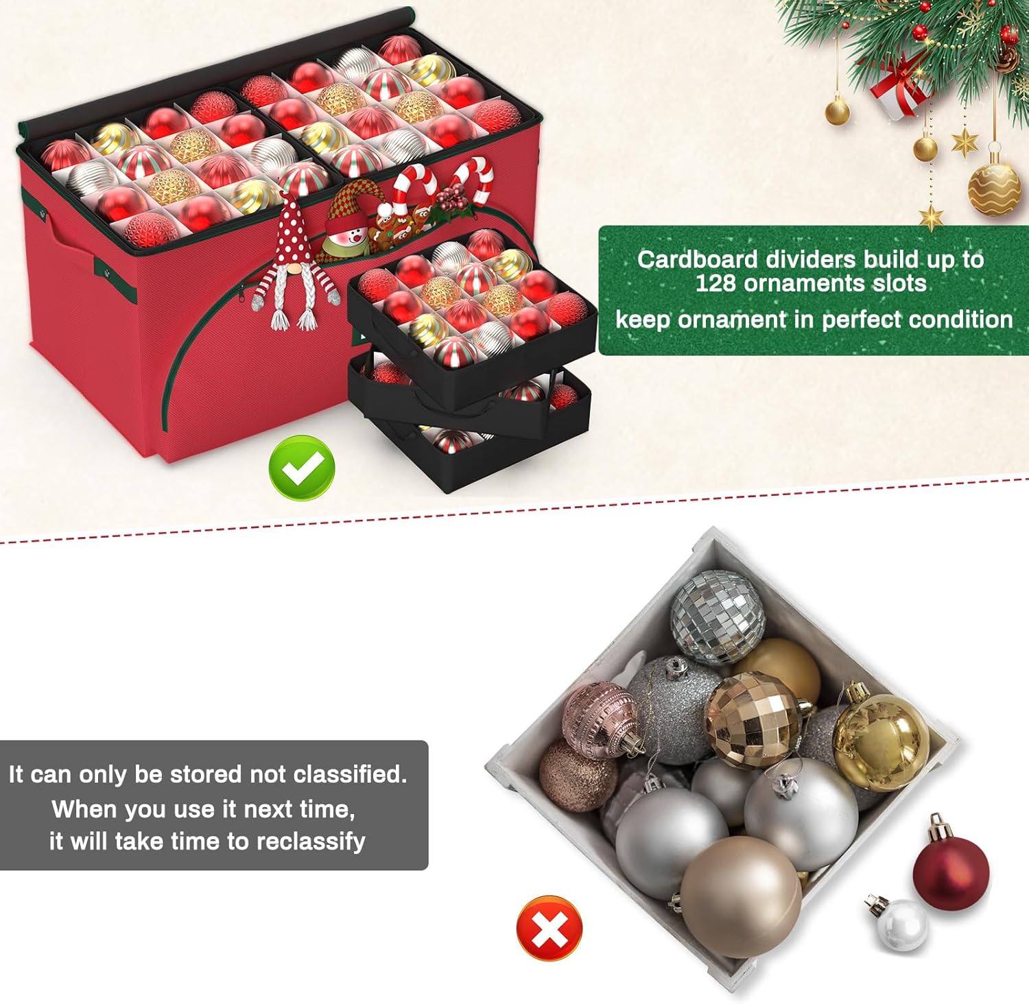 Christmas Ornament Storage Box with 8 Stackable Trays, Holds 128 Ornaments, Foldable Vertical Organizer with 3 Pockets, 600D Oxford Fabric, for Closet Attic Basement Storage