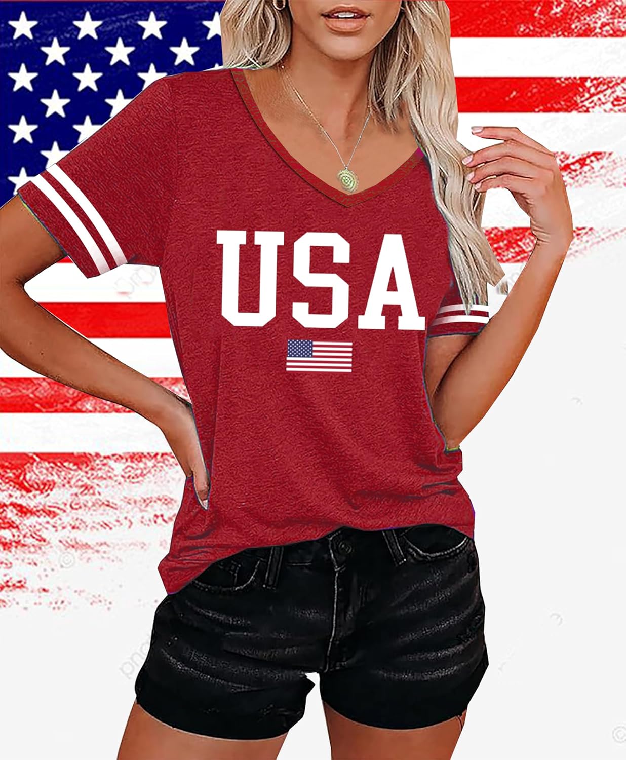 Susongeth USA Patriotic American Flag Shirt Women 4th of July T-Shirts V-Neck Short Sleeve Casual Top Tees - Image 2