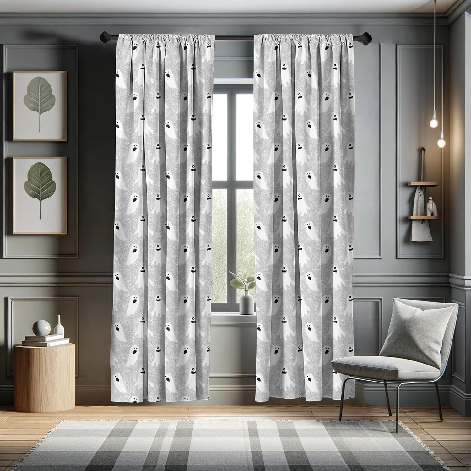 Ambesonne Halloween Curtains, Horror Phantom Boo Monsters Themed Ghosts and Spooky Composition Neutral Tones, Window Treatments 2 Panel Set for Living Room Bedroom, Pair of - 28" x 95", Grey White