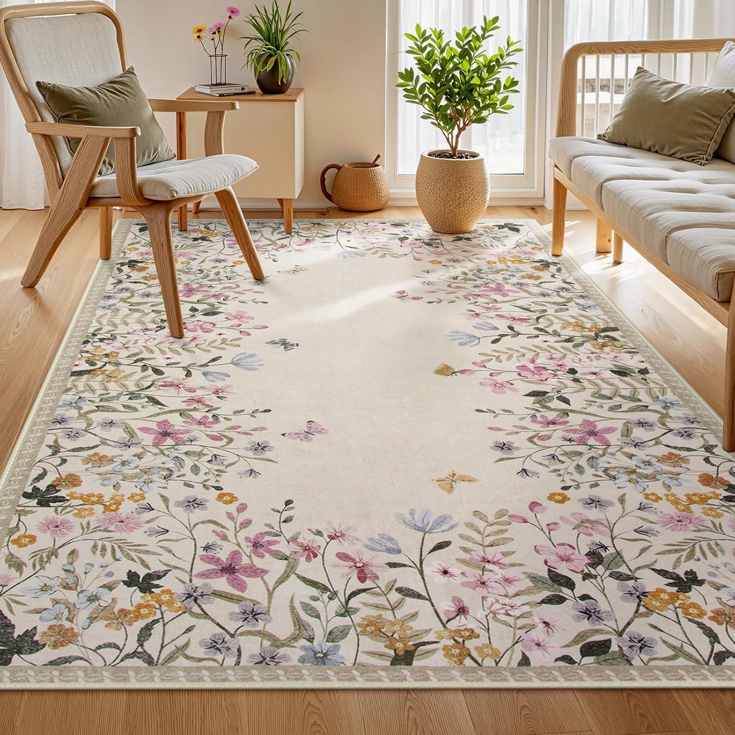 LHOMKCV Retro Insect Area Rugs, 60x110cm, Boho Colorful Flowers Pattern Butterfly Print Botanical Rug, Short Pile Non Shedding Easy-Washing Carpet for Girls Bedroom Dining Room