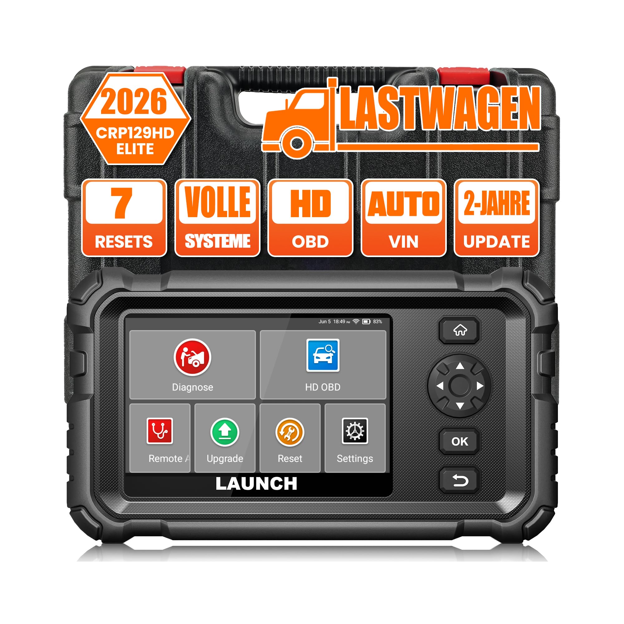 LAUNCH CRP129 HD Elite LKW Scanner, Diagnosegerät Vollständiger System-Codeleser für 24V Schwerlastkraftwagen, mit 7 Rückstellservice für 99% 24-V Lastwagen & Nutzfahrzeuge Heavy Duty Truck