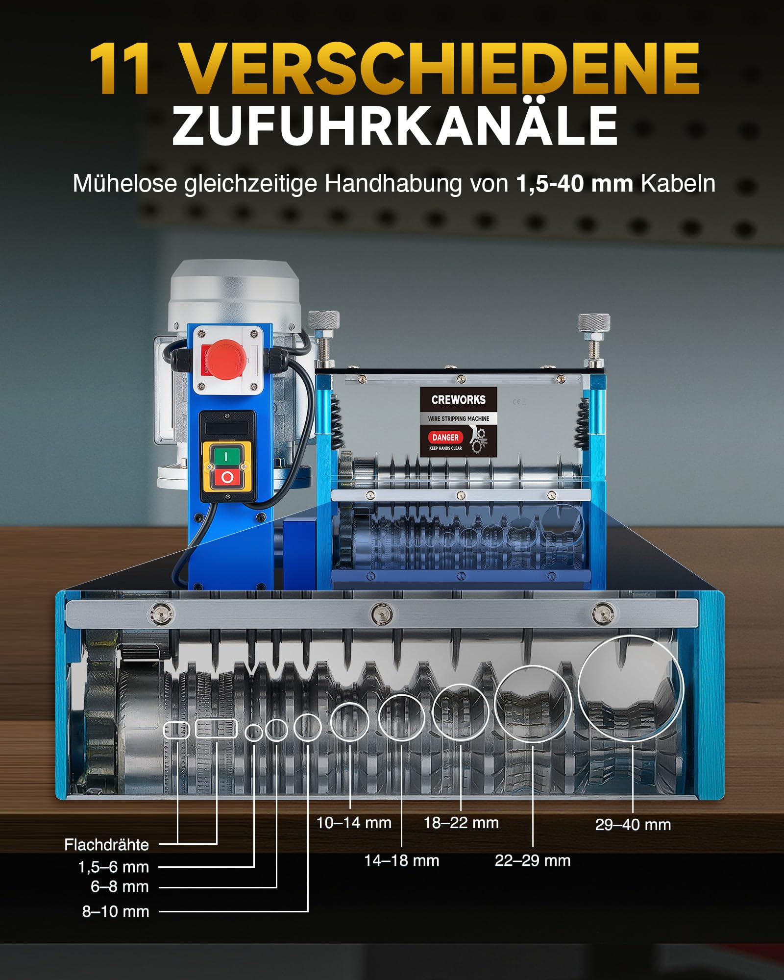 CREWORKS Elektryczna maszyna do ściągania izolacji kabli 550 W (1,5-40 mm) – obieraczka do kabli z 11 otworami i 10 ostrzami, maszyna do usuwania kabli