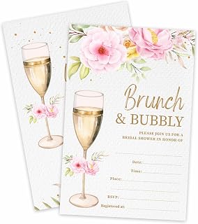 Floral Bridal Shower Invitations - Brunch & Bubbly - 4 x 6 Inches Invites (15 Cards & Envelopes) For Wedding Showers, Newlyweds Parties And Receptions - A16