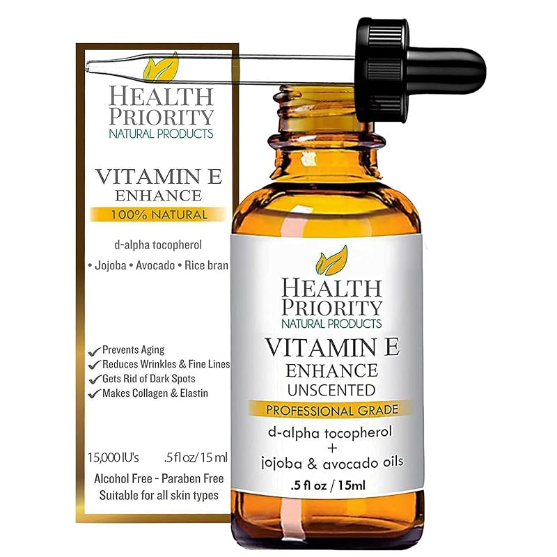 Óleo facial de vitamina E Health Priority Natural Products com jojoba e óleo de abacate, sem fragrância, 15.000 IU, 15 mL