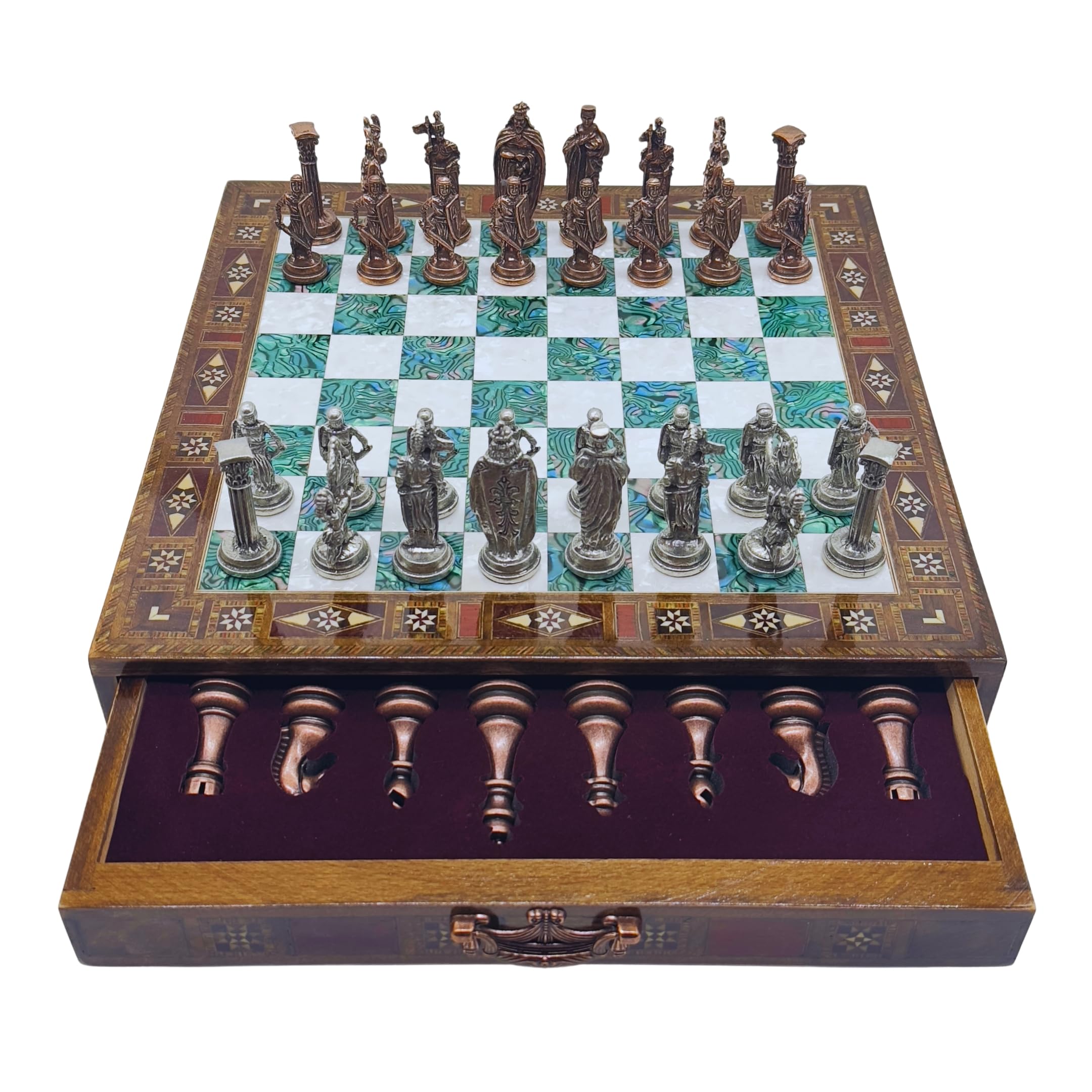 15'' Wooden Chess Set with Metal Chess Pieces – Handmade Storage Chess Board & British Metal Pieces – Elegant Chess Gift for All Ages – Gift for Him (Green)