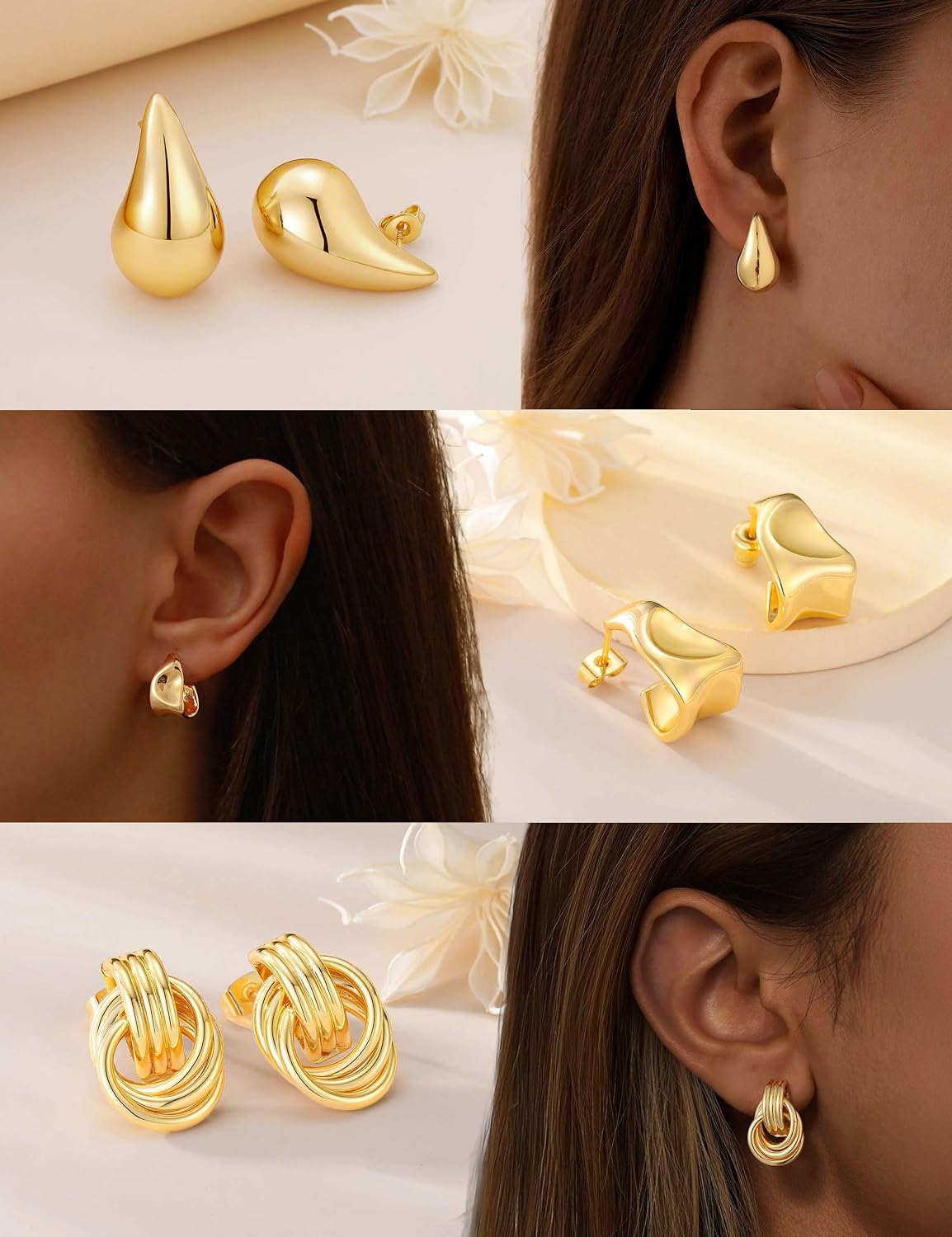 TURANDOSS Hypoallergenic Chunky Gold Stud Earrings Set for Women Girls