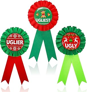 3 Pcs Ugly Sweater Award Ribbons Christmas Ugly Sweater Contest Award Trophy 1st 2nd 3rd Place Ribbons Red Green Prize Ribbon Badge Medals Set for Funny Christmas Party Trophies