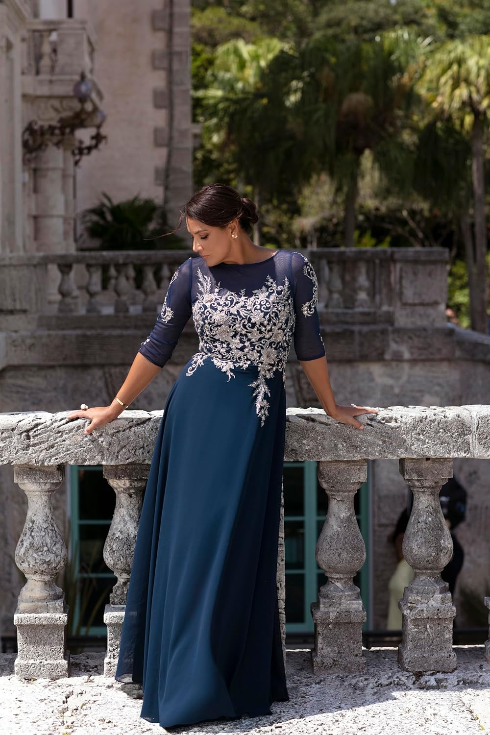 Betsy & Adam Womens Long 3/4 Sleeve Embroidered Chiffon Gown