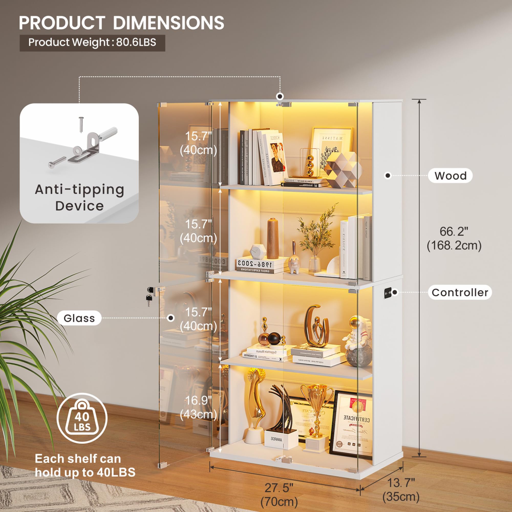 Gurexl 168 CM Vetrina in Vetro con LED 3 Couleurs,Vetrine Da Collezione Anta IIn vetro con Serratura,Pavimento Credenza in Vetro con Sensore Intelligente Per Soggiorno,Curio,Collezione,Bianco
