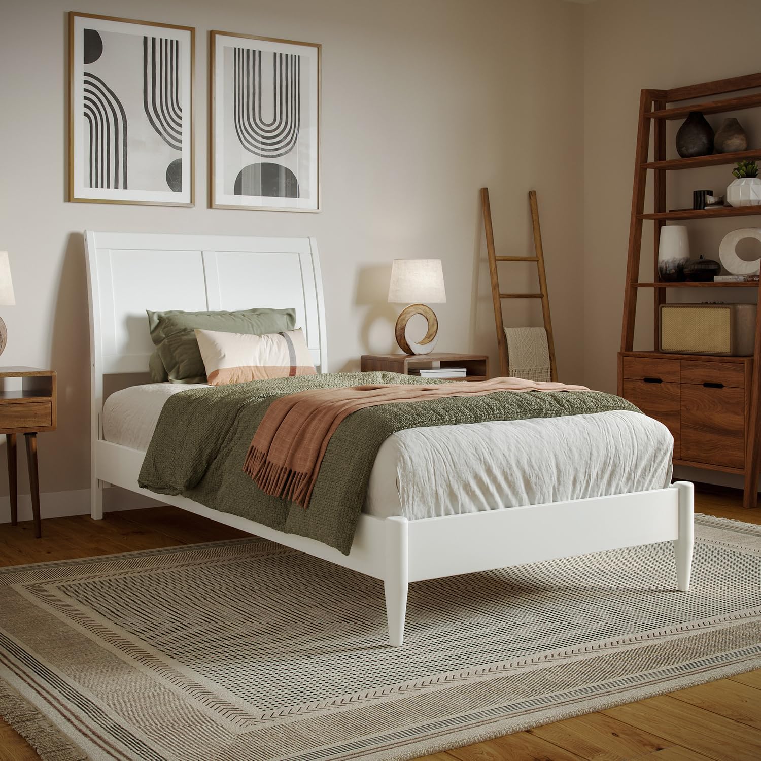 HomeStock Coastal Charm Twin XL Solid Wood Low Profile Sleigh Platform Bed in White Finish, 87.34" L x 42.6" W x 44.29" H, 600 lbs Capacity, USB Charging Station, Modern Platform Bed for Bedrooms