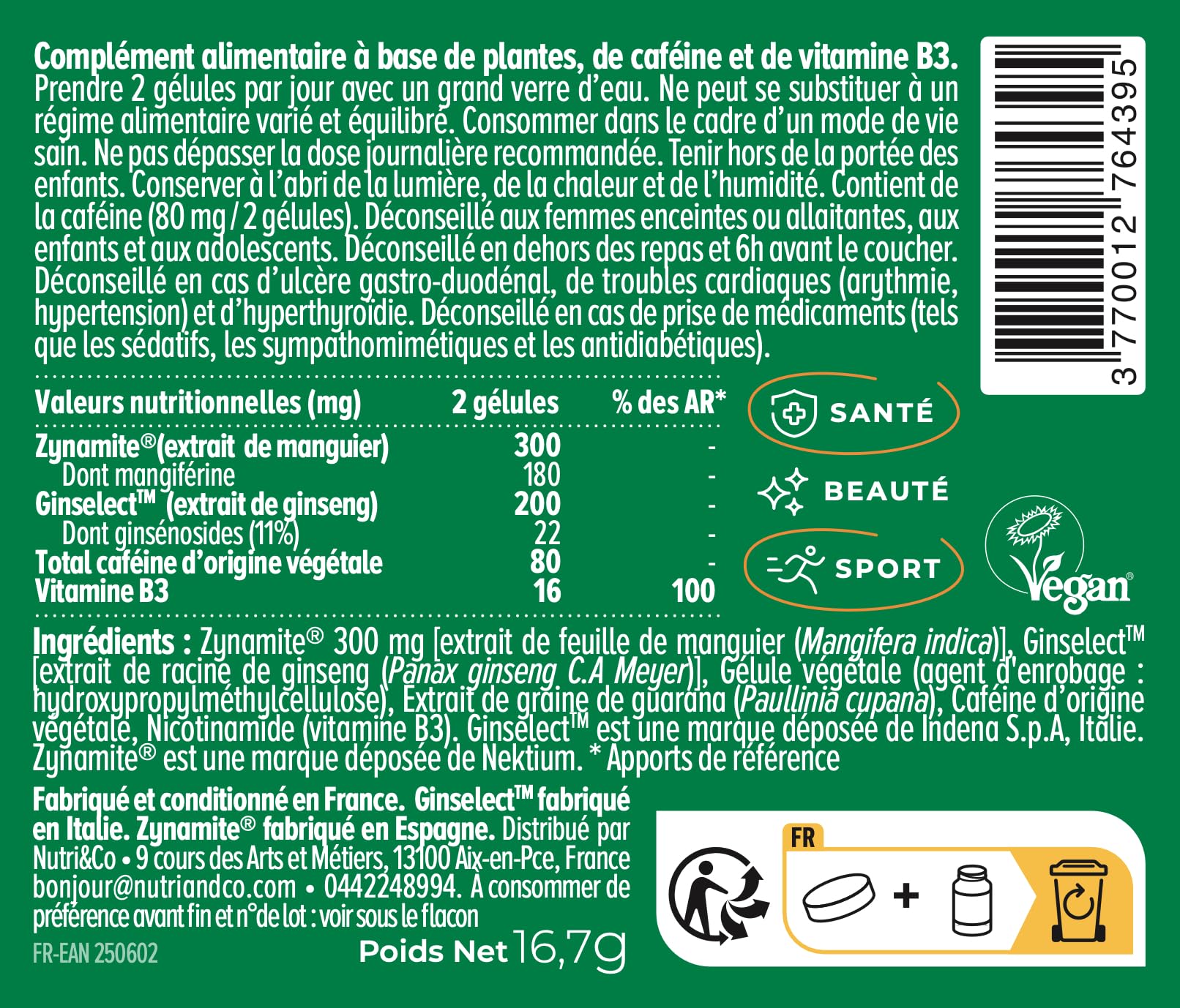 NUTRI & CO Le Booster - Anti Fatigue Puissant - Caféine Caffshock® 400 mg (Café Vert + Guarana + Thé Vert + Maté) & Panax Ginseng Blanc - Énergie & Concentration - 40 gélules Vegan - Made in France