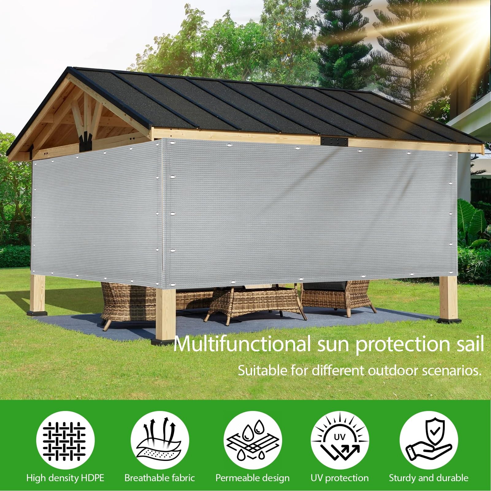 Żagiel Przeciwsłoneczny HDPE Prostokątny 205 x 565 cm Oddychający HDPE Oddychający Oczka Ze Stali Nierdzewnej Dla Patio, Dziedzińca I Basenu, Szary