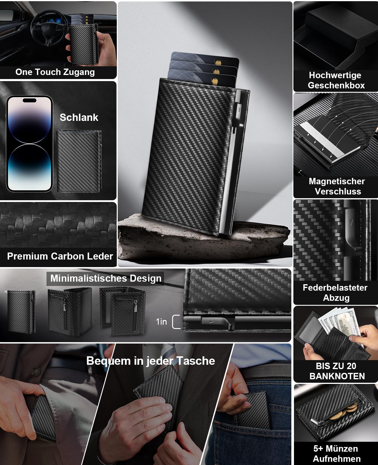 UNOSEKS Portafoglio da uomo – Portafoglio da uomo con protezione RFID, sottile portafoglio con scomparto per monete, Smart Wallet, fibra di carbonio., Portafoglio RFID