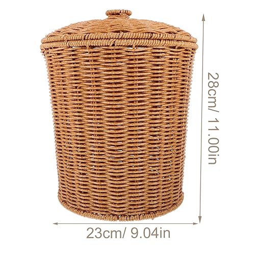 Miniatura 4 de PRETYZOOM Cesta de basura de mimbre portátil con tapa, papelera de mimbre redonda, de plástico, cesta de almacenamiento tejida, contenedor de ropa