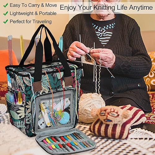 Miniatura 2 de Coopay Bolsa de ganchillo y tejer, organizador de viaje para manualidades, ganchos, agujas, madejas, pintura de diamantes, suministros (verde bosque)