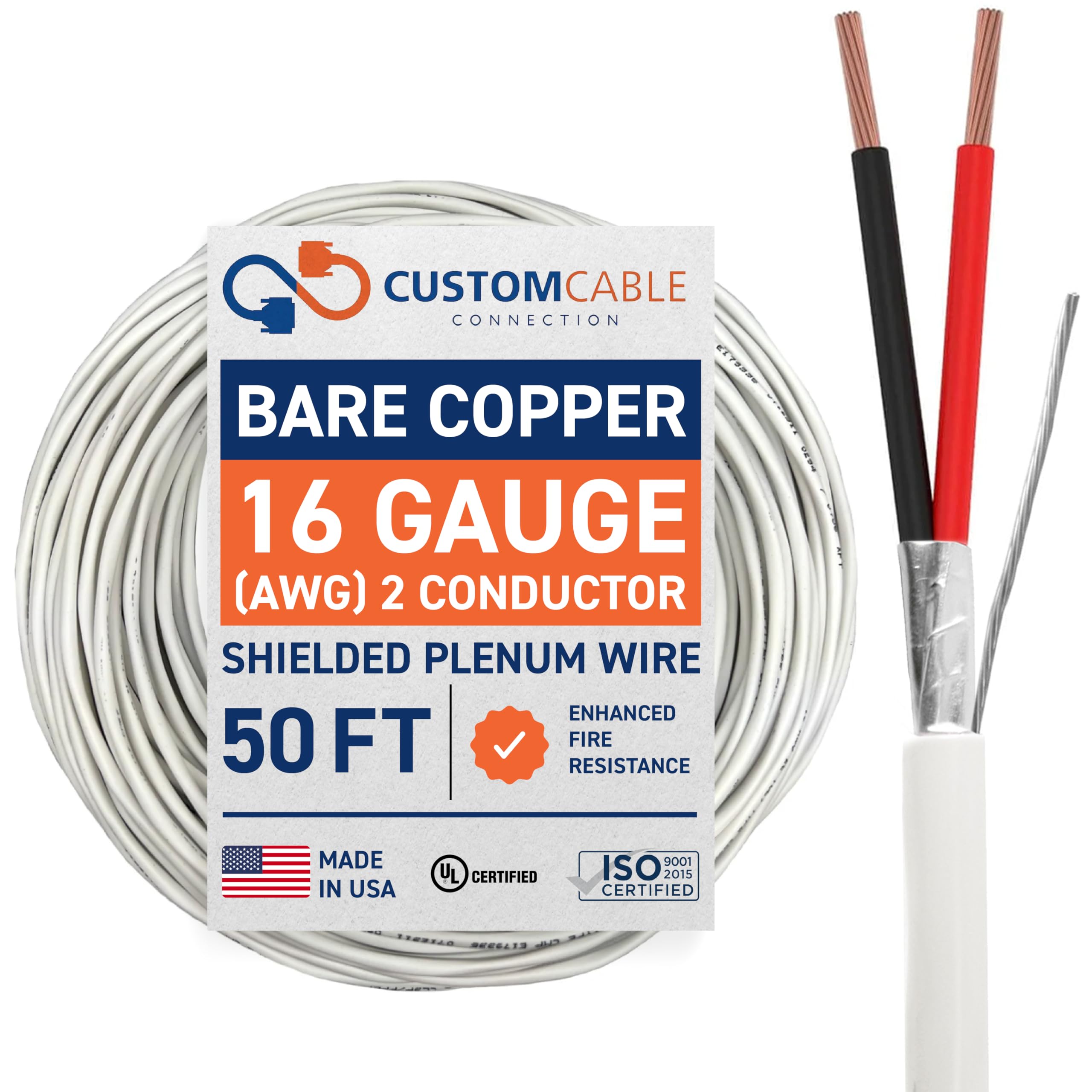 16 Gauge Wire (16 AWG) – 2 Conductor Stranded Copper Shielded Cable – 16/2 Home Electrical Wire – Low Voltage Up to 300V – CMP/CL3P Low Smoke Plenum