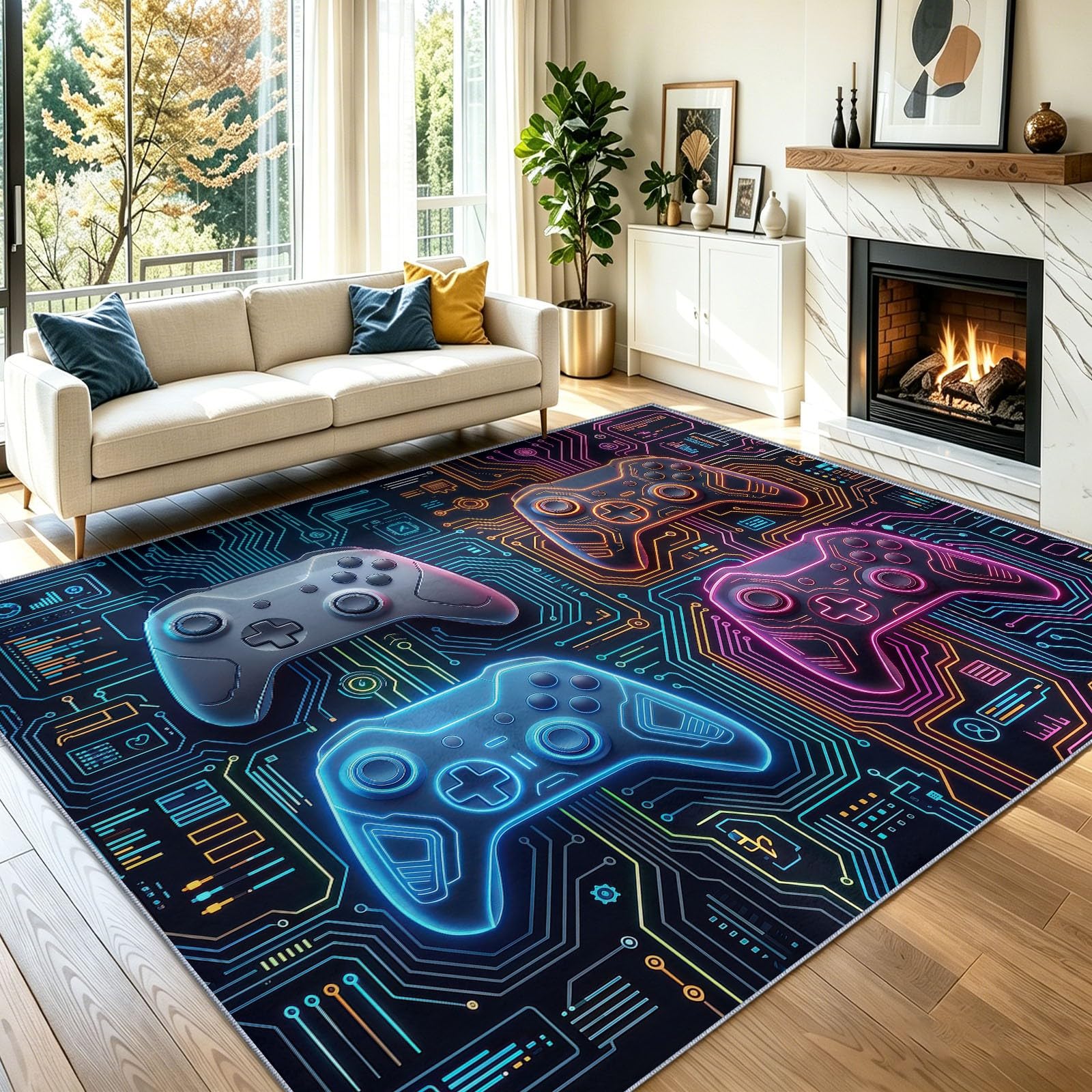 Spiel Mehrfarbig Teppich - Rutschfester Waschbarer Niedriger Flor Teppich für Wohnzimmer, Schlafzimmer, Kinderzimmer, Esszimmer, Büro - Leiterplatte Neon Spielecontroller, 120 x 170 cm