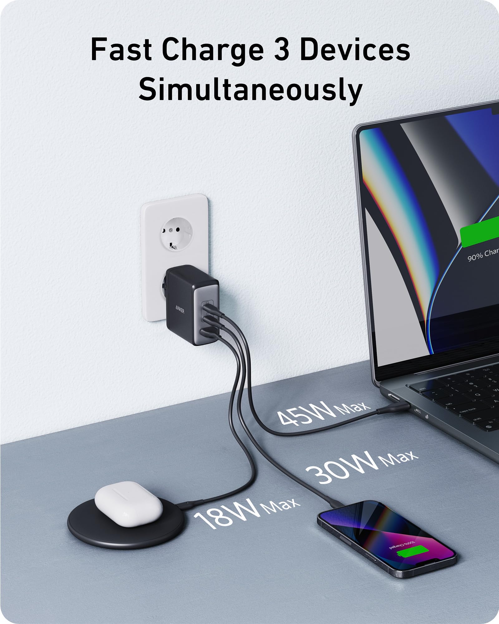 Anker Cargador USB C Carga Rapida 100W 736 (Nano II), Cargador Compacto con 3 Puertos, Ideal para MacBook Pro/Air, Google Pixelbook, DELL XPS, iPad Pro, Galaxy S22/S20, iPhone 17/16/15/14 Pro,y más.