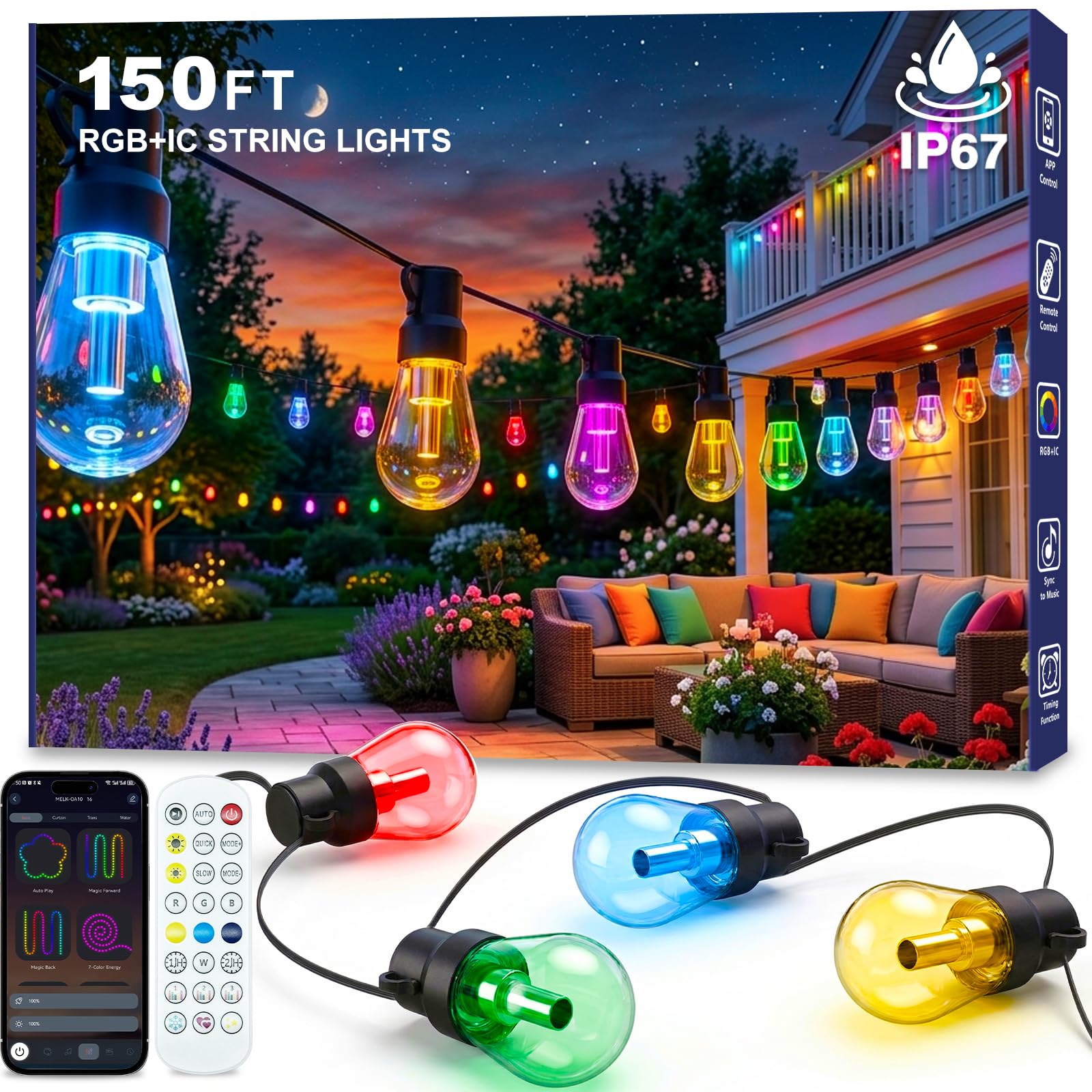 Photo 1 of Beizelte Outdoor String Lights, 150FT RGB+IC Outside Light Dimmable Shatterproof LED Bulbs, IP67 Waterproof Chasing Effect Lighting DreamColor Patio Strip Lights for Backyard, Balcony, Outdoor Living