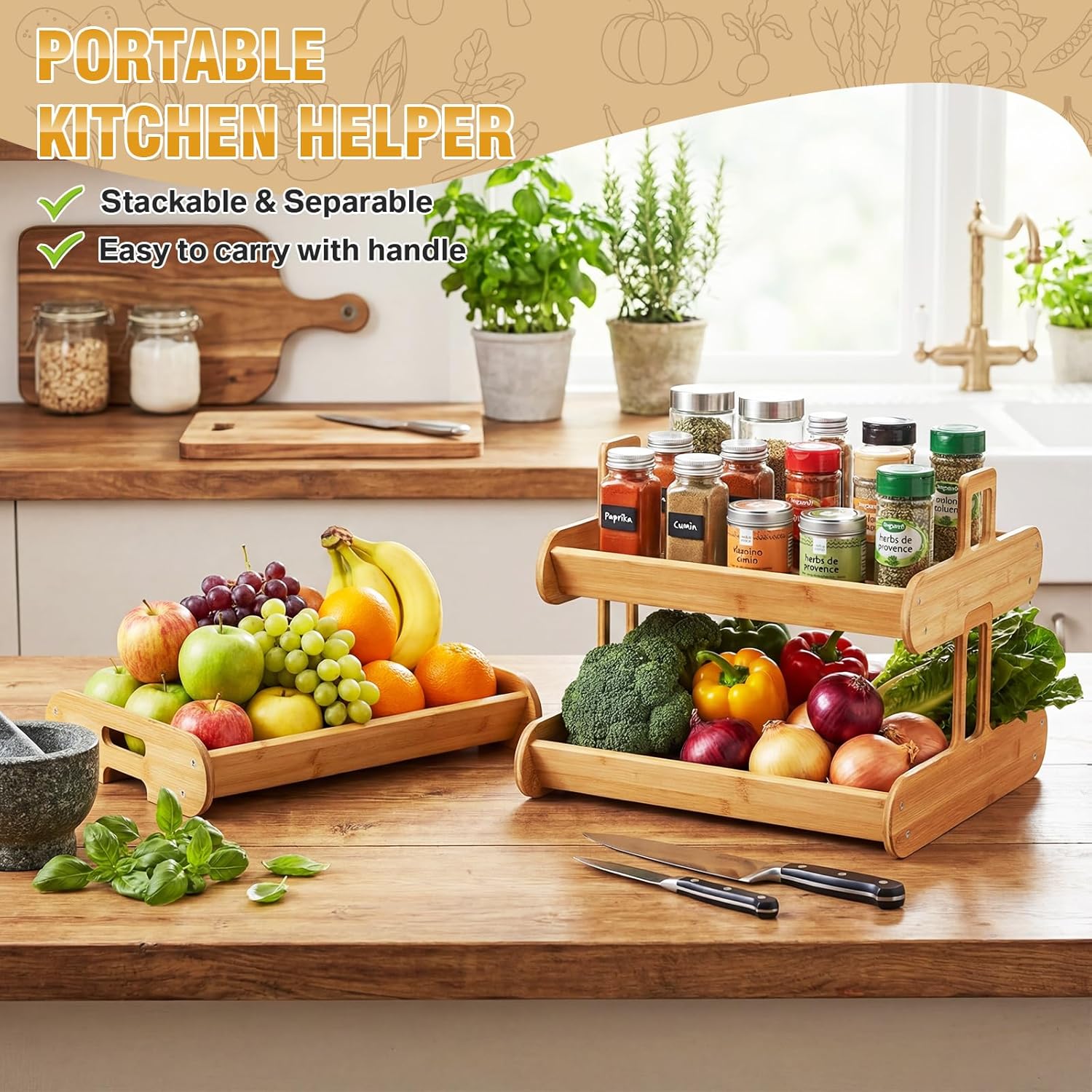 3 Tier Fruit Basket for Kitchen Counter, 16.5 inch Stackable Bamboo Fruit Bowl with Banana Hangers Holder Vegetable Storage for Onion Potato Vegetable Bread Snack Large Kitchen Organizer - Image 6