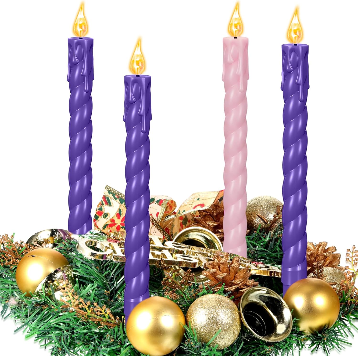 BBTO Christmas Flameless Advent Candles Set of 4, LED Taper Candle Sticks Battery Operated Candlesticks for Christmas Fireplace Wreath Decor, Purple Pink Spiral Teardrop Style