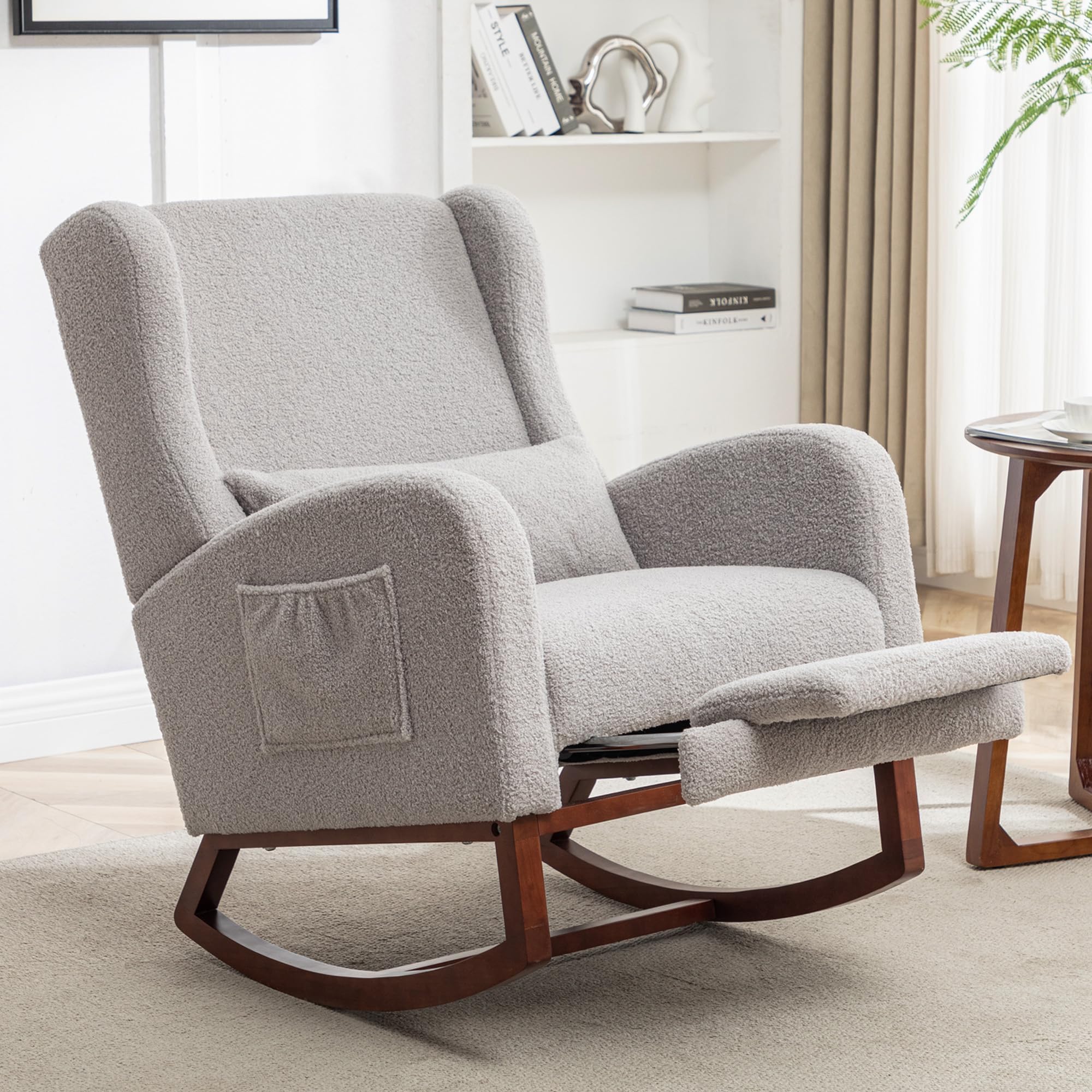 HCHAIRH Rocking Chair Nursery with Foot Rest, Wingback Nursery Rocking Chairs, Grey Teddy Nursing Glider Rocker Chair with Pillow and High Back for Nursery, Living Room, Bedroom，Grey